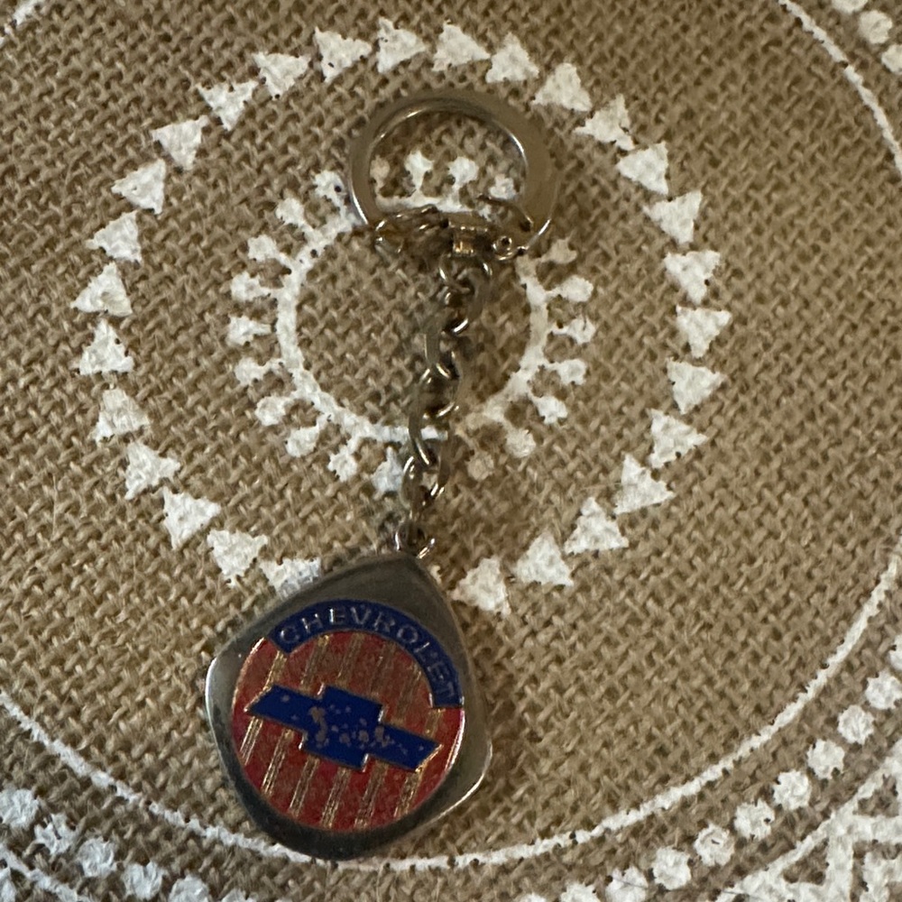 VTG Chevrolet Brass Keychain with Red and Blue Logo